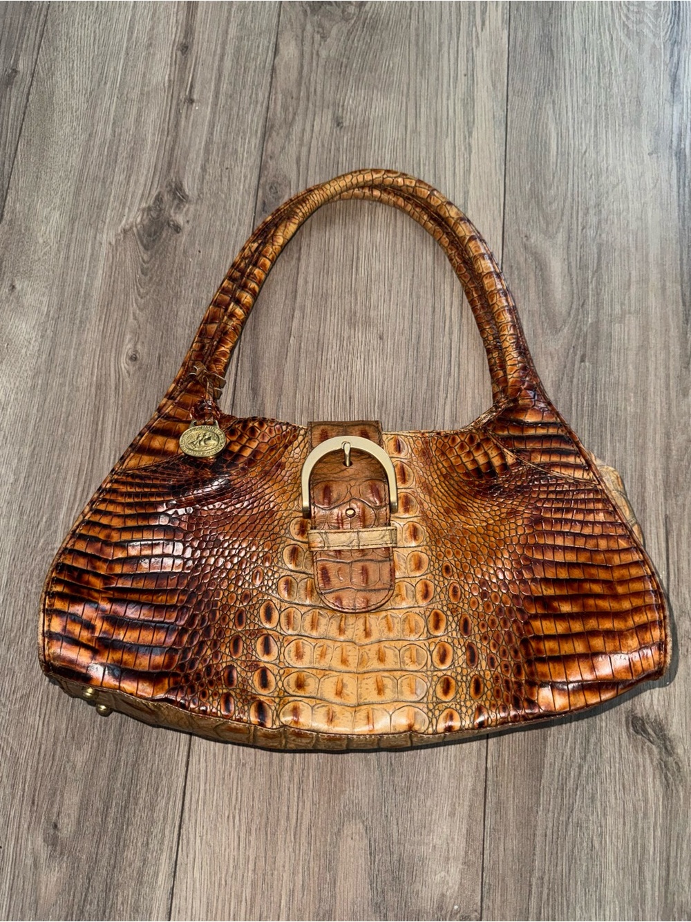 1990s Vintage Brahmin Brown Croc-Embossed Leather Shoulder Bag with Buckle